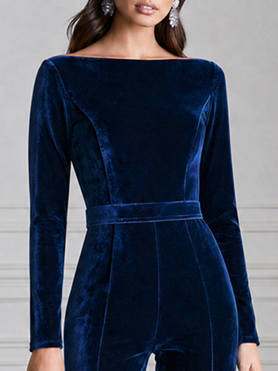 Velvet Long Sleeve Boat Neck Flare Leg Jumpsuit