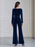 Velvet Long Sleeve Boat Neck Flare Leg Jumpsuit