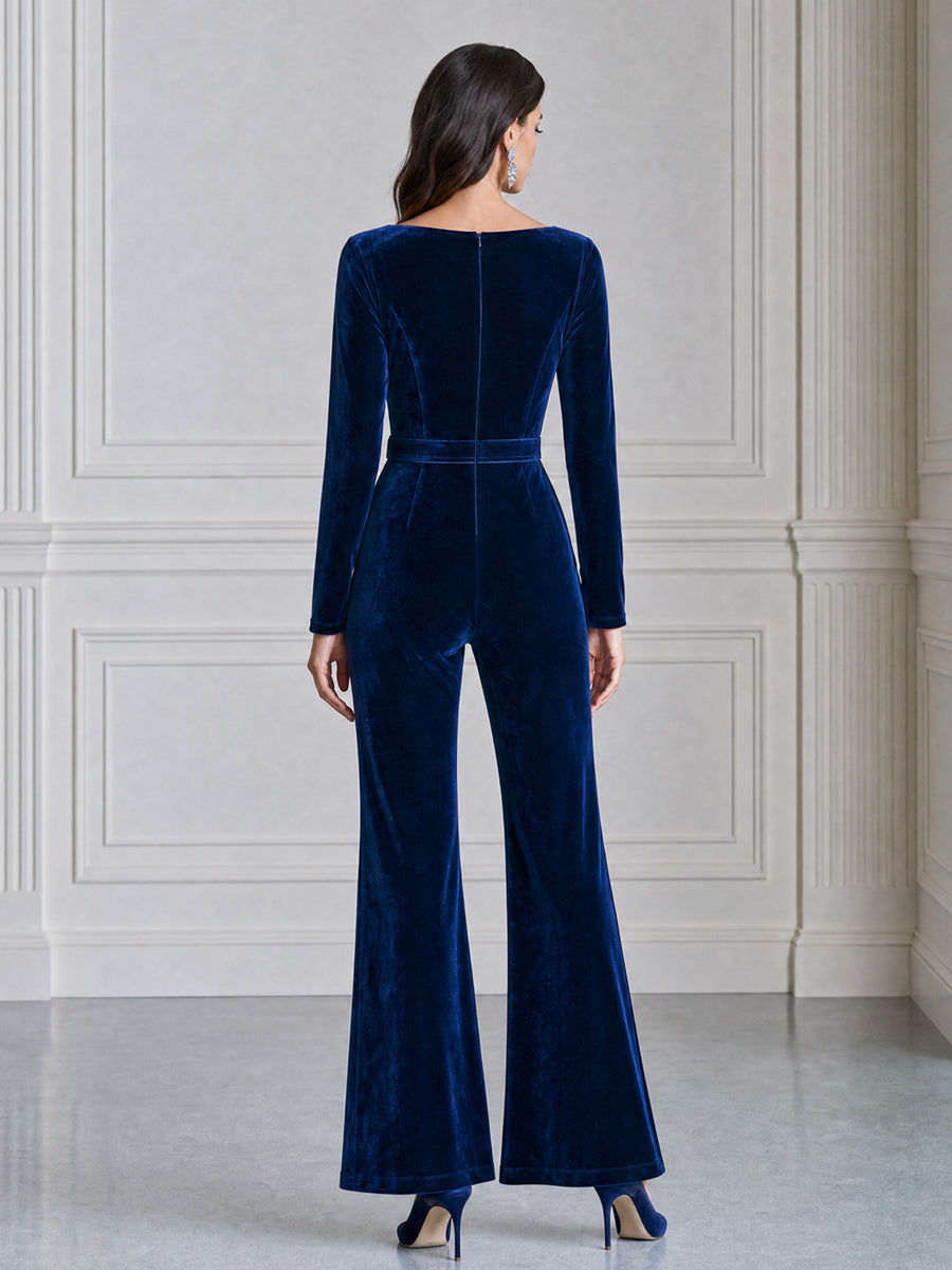 Velvet Long Sleeve Boat Neck Flare Leg Jumpsuit