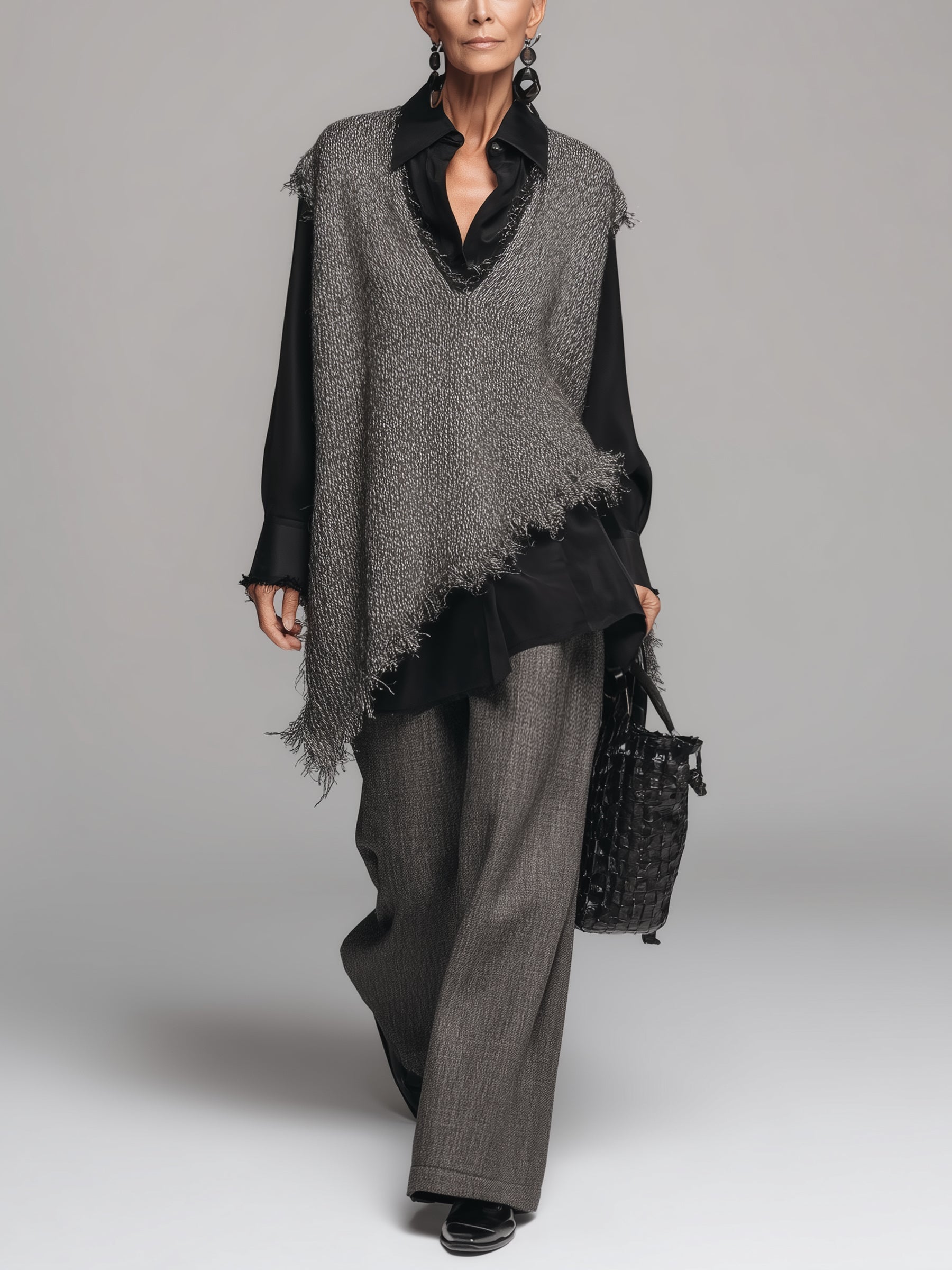 Women's Oversized Asymmetric Fringe Knit Vest Set – Luxury Minimalist Layered Streetwear Outfit
