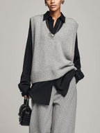 Women's Gray Knit Vest & Black Shirt Two Piece Set – Oversized Layered Top Outfit For Chic Street Style