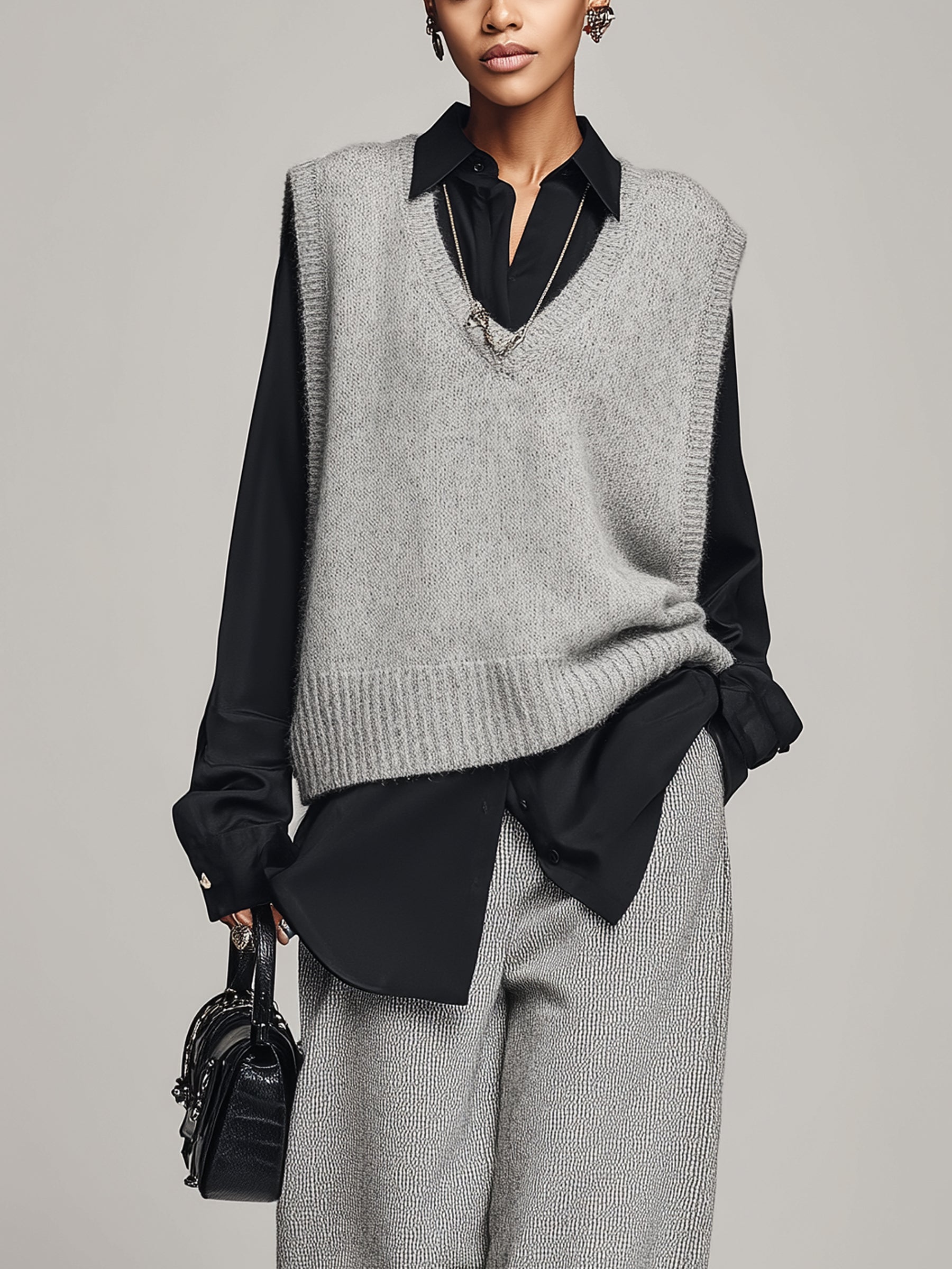 Women's Gray Knit Vest & Black Shirt Two Piece Set – Oversized Layered Top Outfit For Chic Street Style