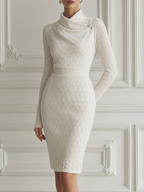 White Dress Stockholm Style Turtleneck Knit Pencil Midi Dress