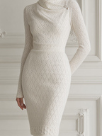 White Dress Stockholm Style Turtleneck Knit Pencil Midi Dress