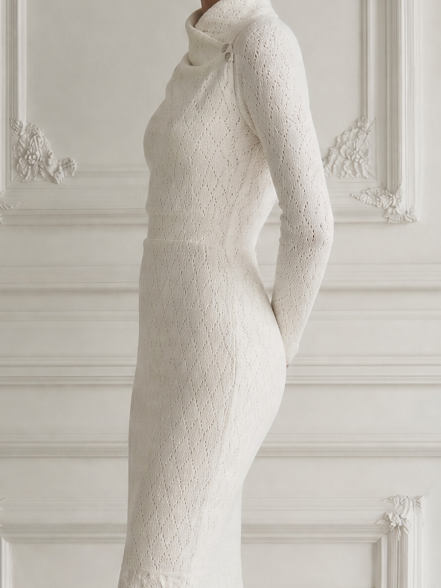 White Dress Stockholm Style Turtleneck Knit Pencil Midi Dress