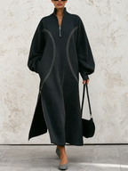 Dark Grey Half‑Zip Stand Collar Contrast Stitch Oversized Maxi Sweatshirt Dress