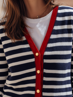 Nautical Navy And Ivory Stripe Contrast-Trim Gold-Button Knit Resort Cardigan
