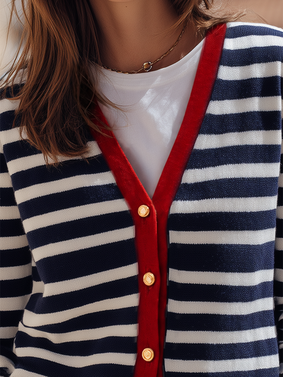 Nautical Navy And Ivory Stripe Contrast-Trim Gold-Button Knit Resort Cardigan