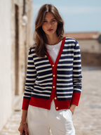 Nautical Navy And Ivory Stripe Contrast-Trim Gold-Button Knit Resort Cardigan