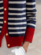 Nautical Navy And Ivory Stripe Contrast-Trim Gold-Button Knit Resort Cardigan