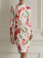 White Floral Print Fall Wedding Guest Dress Stand Collar Ruched Pencil Midi Dress