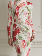White Floral Print Fall Wedding Guest Dress Stand Collar Ruched Pencil Midi Dress