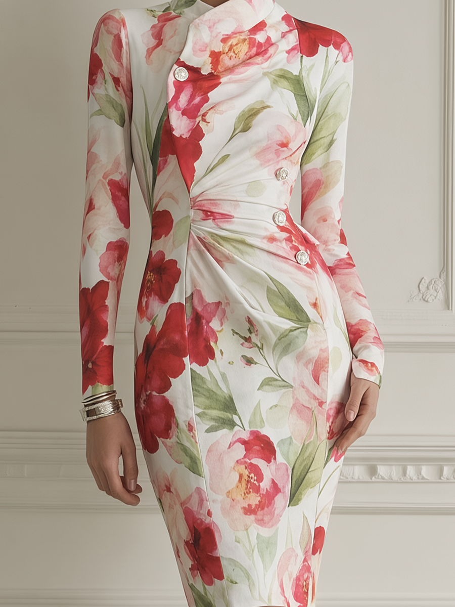 White Floral Print Fall Wedding Guest Dress Stand Collar Ruched Pencil Midi Dress