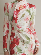 White Floral Print Fall Wedding Guest Dress Stand Collar Ruched Pencil Midi Dress