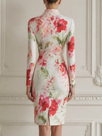 White Floral Print Fall Wedding Guest Dress Stand Collar Ruched Pencil Midi Dress