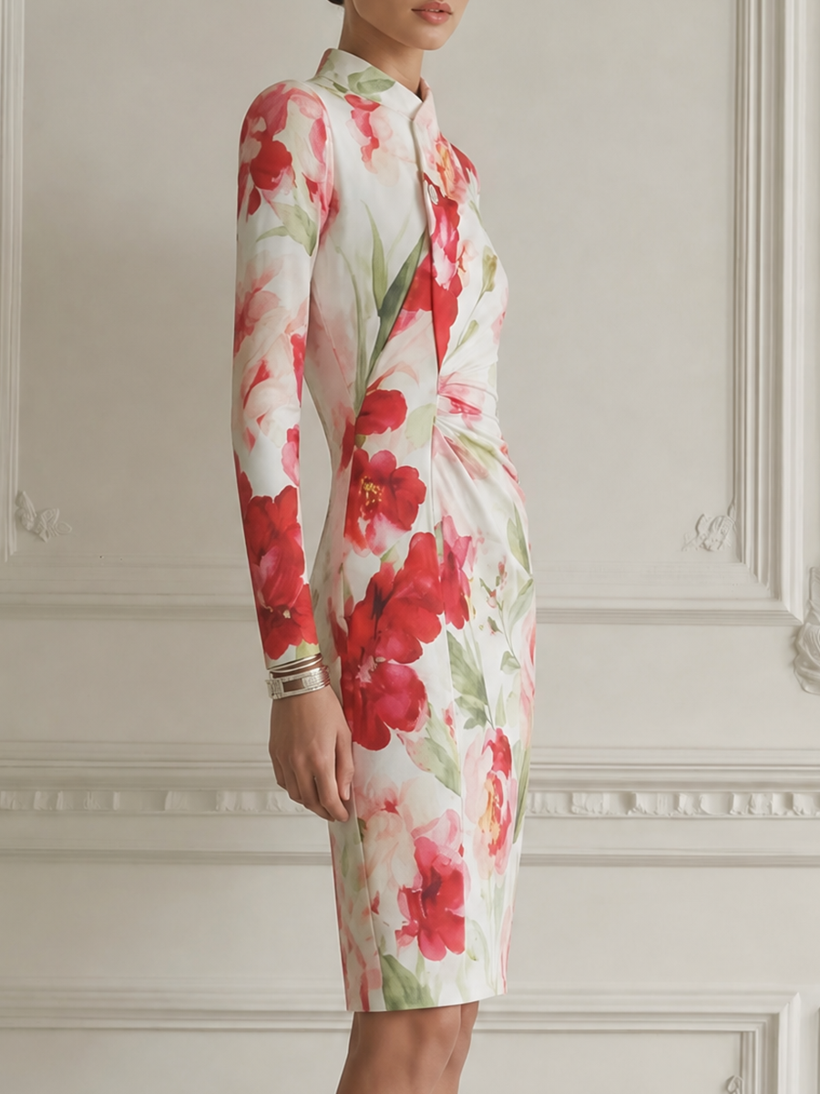 White Floral Print Fall Wedding Guest Dress Stand Collar Ruched Pencil Midi Dress
