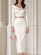 Elegant Portrait Collar Rose Satin Trim Sheath Midi Dress
