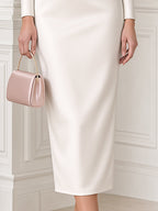 Elegant Portrait Collar Rose Satin Trim Sheath Midi Dress