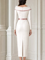 Elegant Portrait Collar Rose Satin Trim Sheath Midi Dress