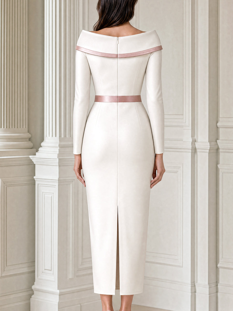 Elegant Portrait Collar Rose Satin Trim Sheath Midi Dress