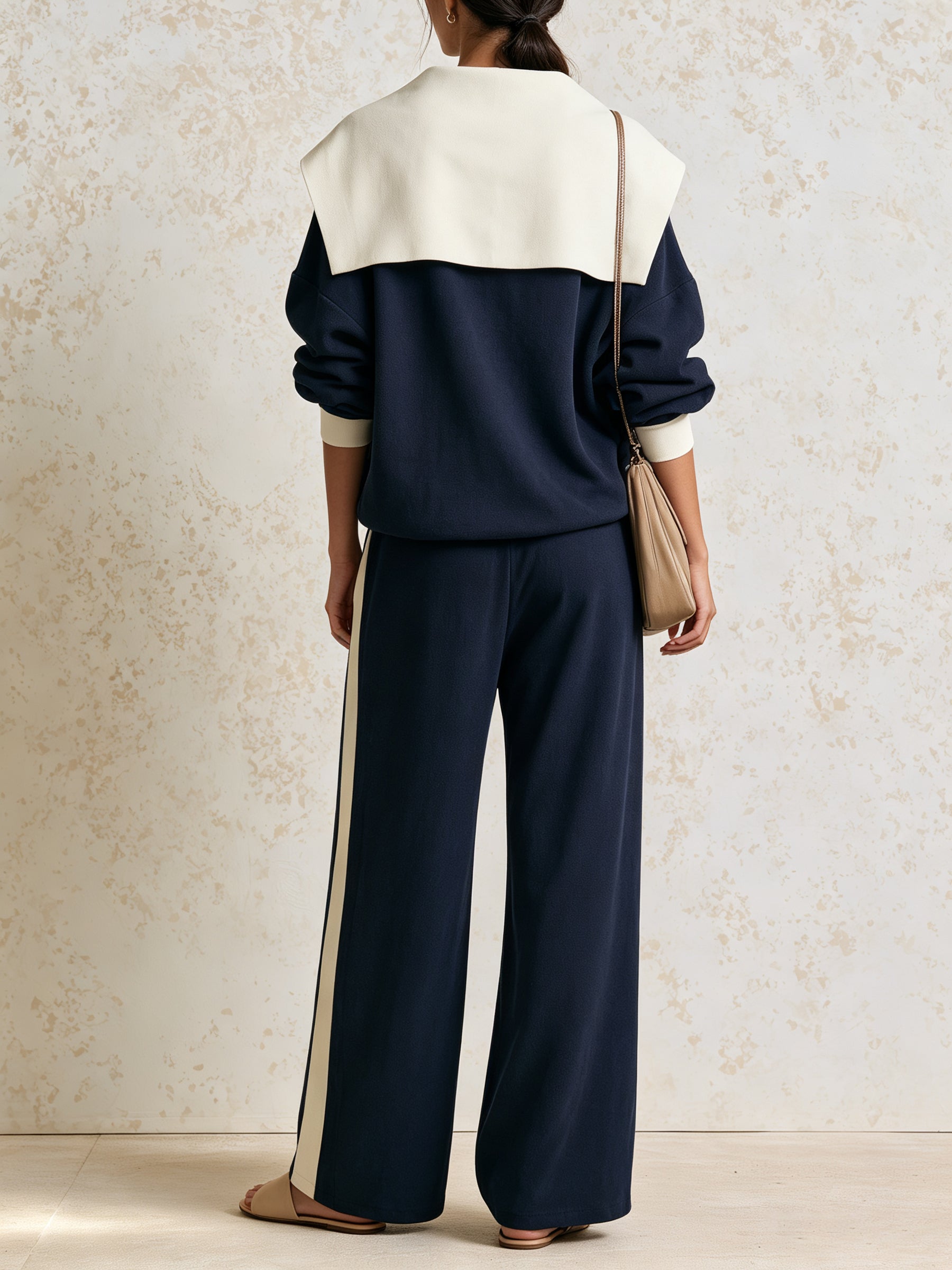 Women’s Navy Blue Contrast Collar Two Piece Set – Oversized Pullover Top & Wide Leg Pants Casual Woven Outfit