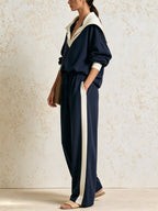 Women’s Navy Blue Contrast Collar Two Piece Set – Oversized Pullover Top & Wide Leg Pants Casual Woven Outfit