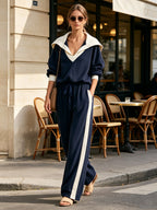 Women’s Navy Blue Contrast Collar Two Piece Set – Oversized Pullover Top & Wide Leg Pants Casual Woven Outfit