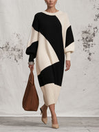 Oversized Black & Cream Color Block Knit Midi Dress, Loose Balloon Sleeve Sweater Dress