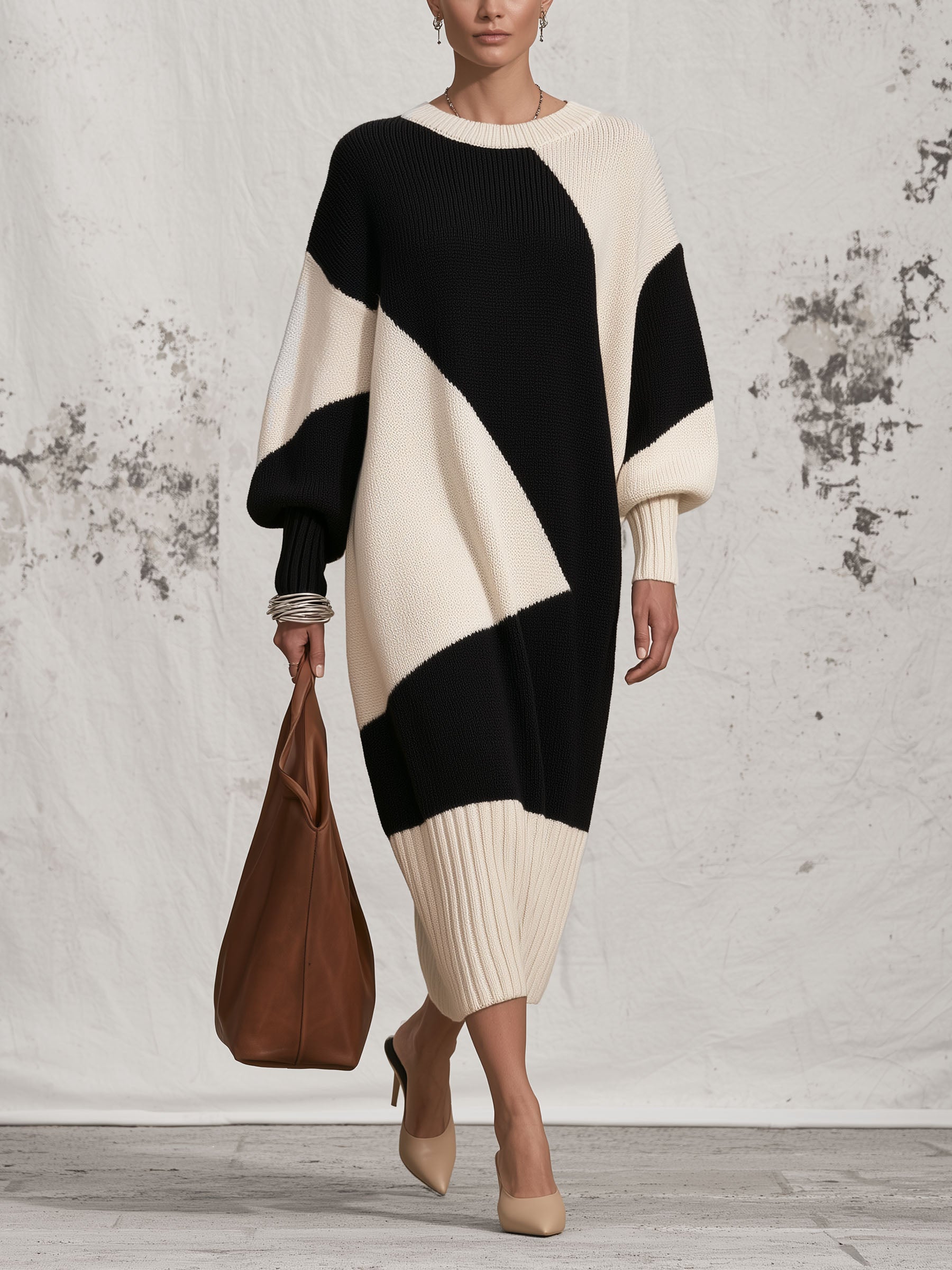 Oversized Black & Cream Color Block Knit Midi Dress, Loose Balloon Sleeve Sweater Dress