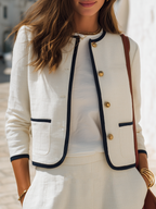 Ivory Textured Contrast-Trim Gold-Button Cropped Resort Elegant Jacket