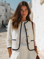 Ivory Textured Contrast-Trim Gold-Button Cropped Resort Elegant Jacket