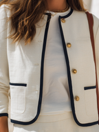Ivory Textured Contrast-Trim Gold-Button Cropped Resort Elegant Jacket