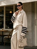 Oversized Striped Sleeve Polo Long Sleeve Top, Minimalist Beige Collared Blouse
