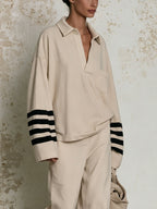 Oversized Striped Sleeve Polo Long Sleeve Top, Minimalist Beige Collared Blouse