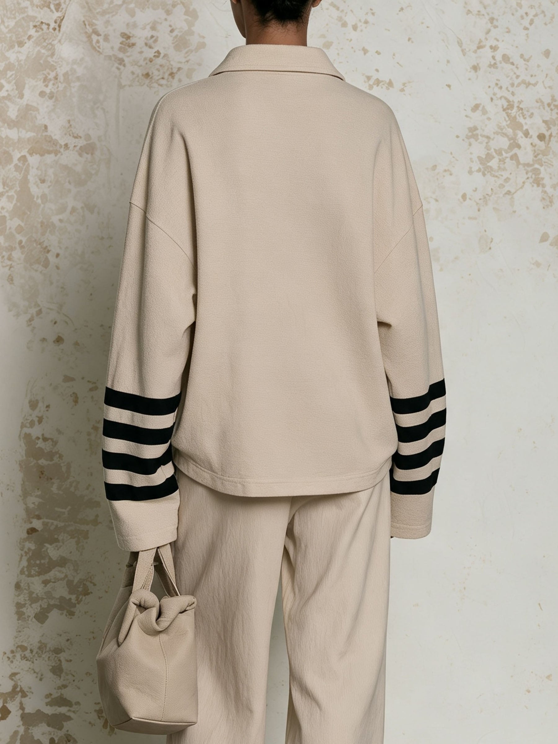 Oversized Striped Sleeve Polo Long Sleeve Top, Minimalist Beige Collared Blouse