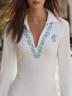 Resort-style V-neck Long-sleeve Embroidered A-line Mini Dress