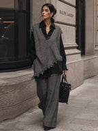 Women's Oversized Asymmetric Fringe Knit Vest Set – Luxury Minimalist Layered Streetwear Outfit