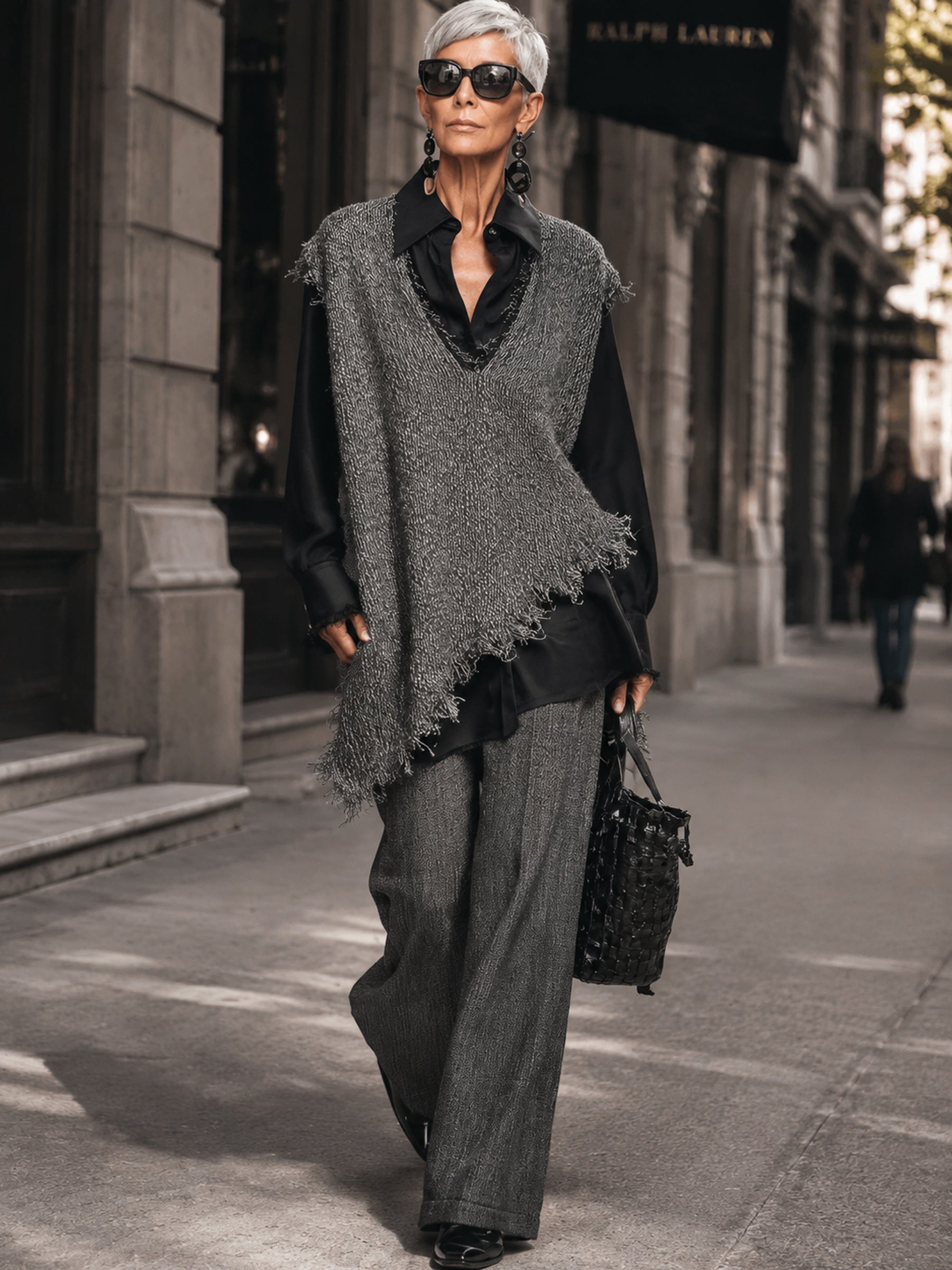 Women's Oversized Asymmetric Fringe Knit Vest Set – Luxury Minimalist Layered Streetwear Outfit