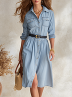 Resort-style Collared Long-sleeve Button-front Midi Dress