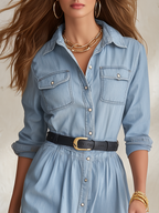 Resort-style Collared Long-sleeve Button-front Midi Dress