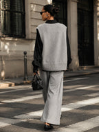 Women's Gray Knit Vest & Black Shirt Two Piece Set – Oversized Layered Top Outfit For Chic Street Style