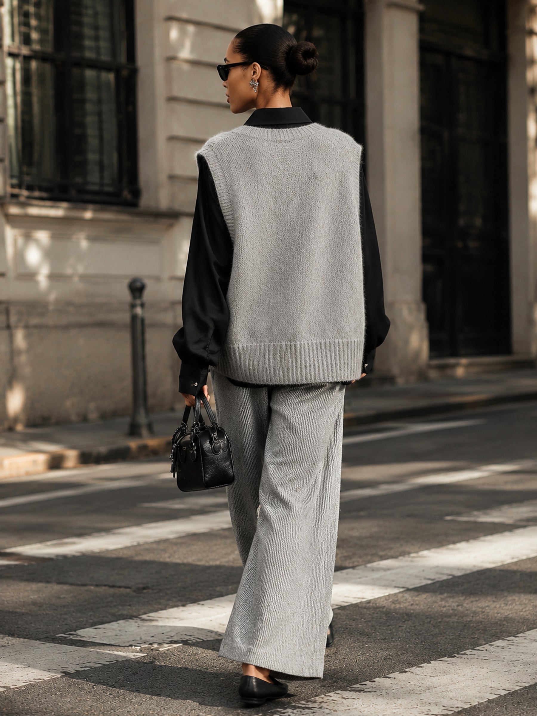 Women's Gray Knit Vest & Black Shirt Two Piece Set – Oversized Layered Top Outfit For Chic Street Style