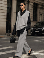 Women's Gray Knit Vest & Black Shirt Two Piece Set – Oversized Layered Top Outfit For Chic Street Style