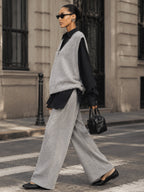 Women's Gray Knit Vest & Black Shirt Two Piece Set – Oversized Layered Top Outfit For Chic Street Style