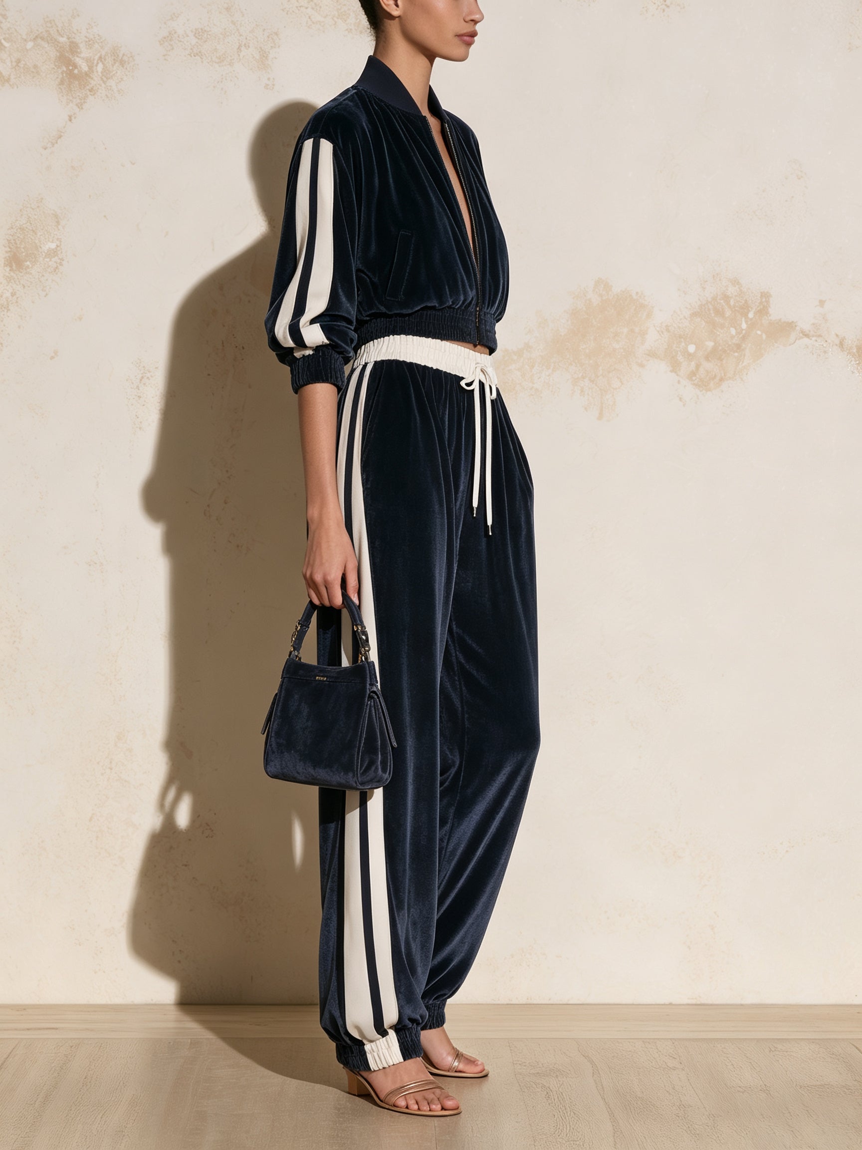 Velvet Track Set – Women’s Contrast Stripe Zip Jacket & Wide Leg Pants