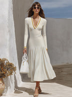 Capri Vibe White Mustard Stripe V Neck Knit Midi Dress