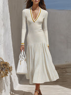 Capri Vibe White Mustard Stripe V Neck Knit Midi Dress