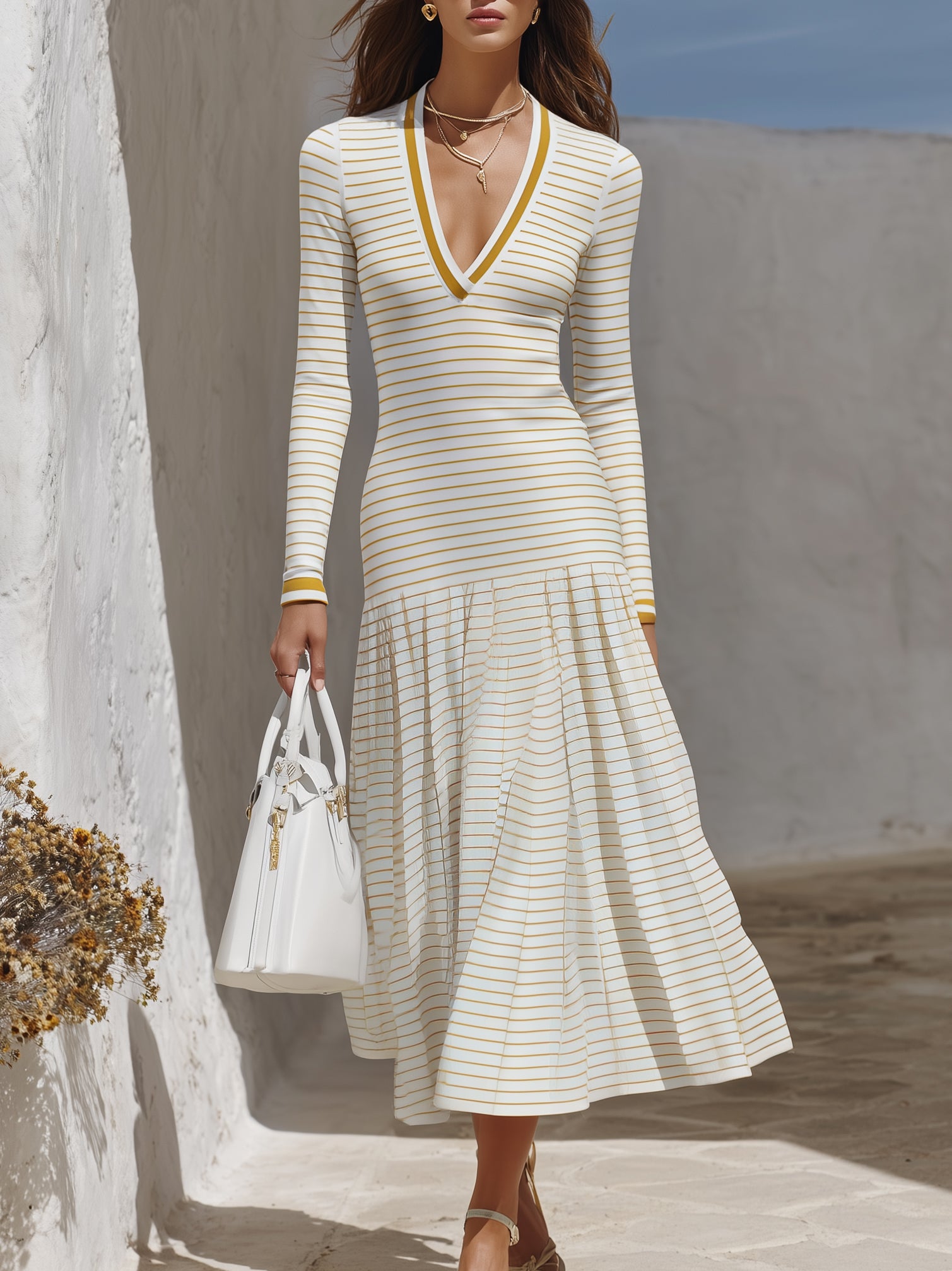 Capri Vibe White Mustard Stripe V Neck Knit Midi Dress