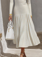 Capri Vibe White Mustard Stripe V Neck Knit Midi Dress