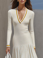 Capri Vibe White Mustard Stripe V Neck Knit Midi Dress